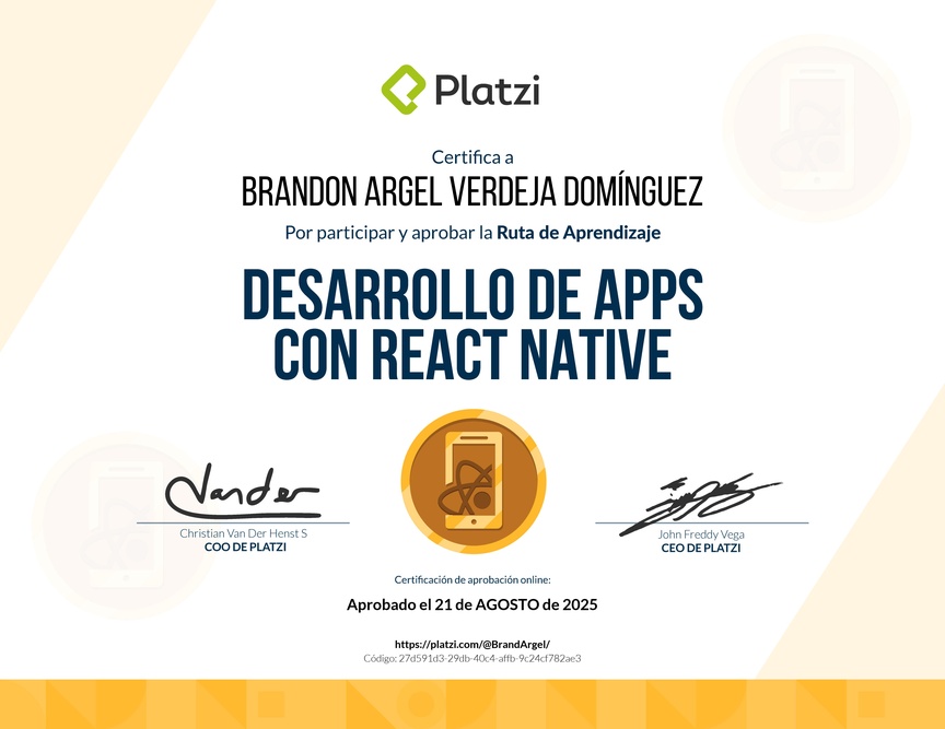 Diploma de la Ruta de Aprendizaje de Desarrollo de Apps con React Native