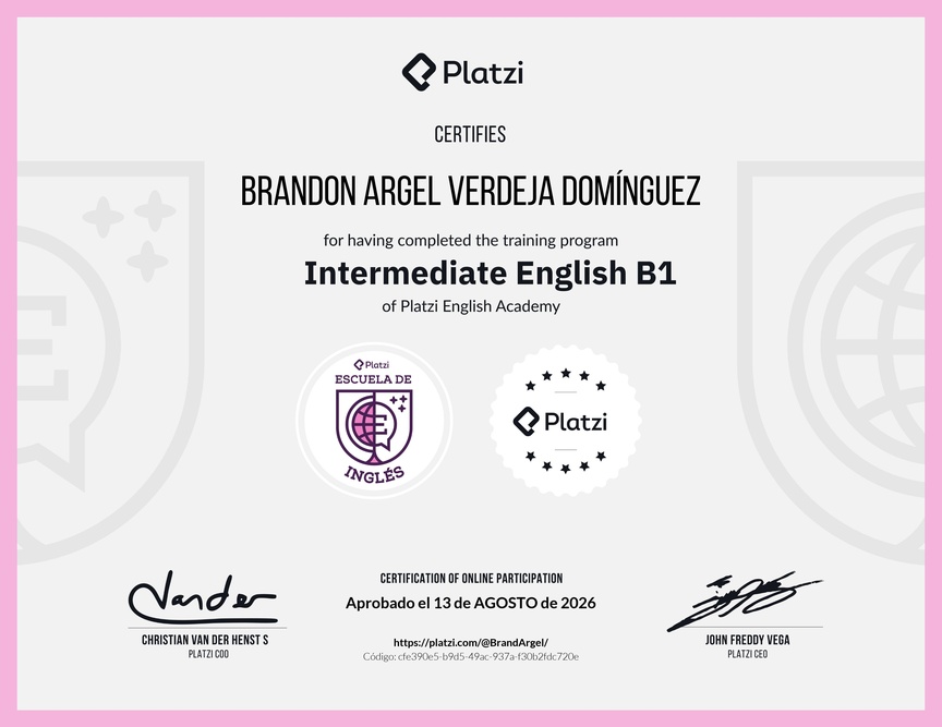 Diploma de la Ruta de Aprendizaje de Inglés Intermedio B1