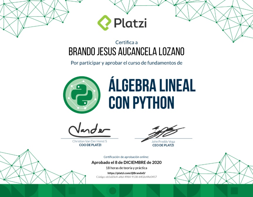 Diploma del Curso de Fundamentos de Álgebra Lineal con Python