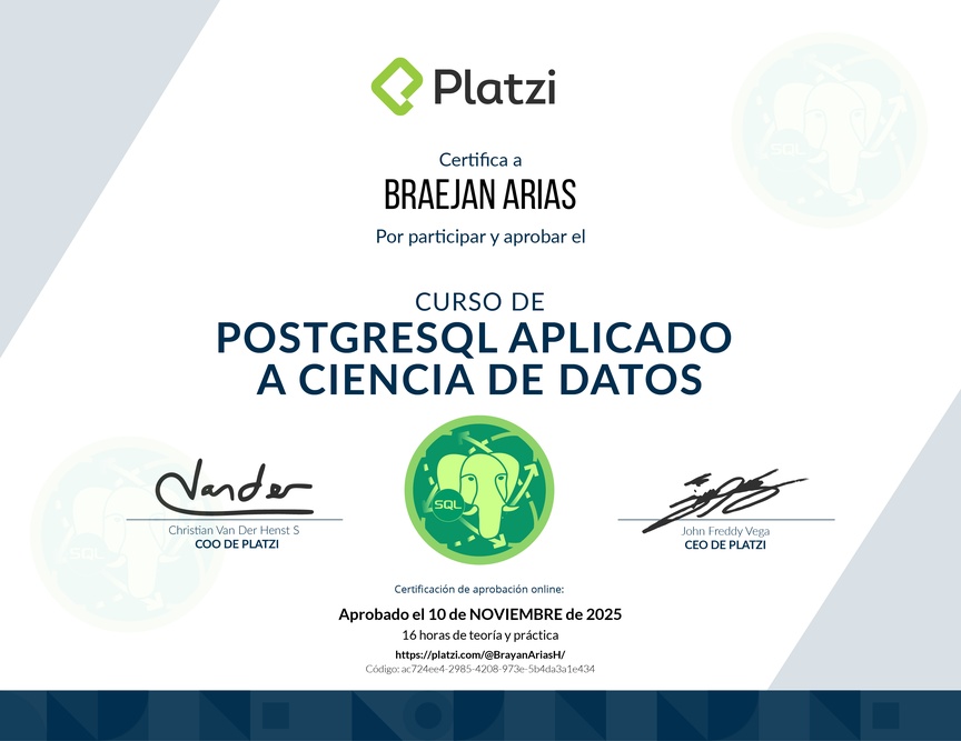 Diploma del Curso de PostgreSQL Aplicado a Ciencia de Datos
