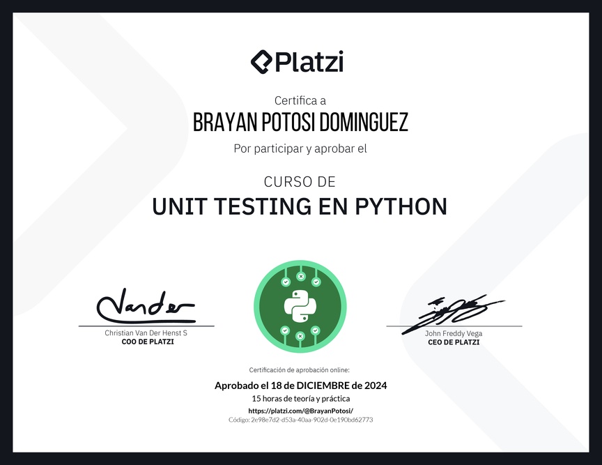 Diploma del Curso de Unit Testing en Python