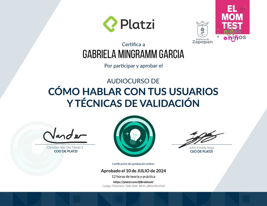 Diploma de Audiocurso Cómo Hablar Con Tus Usuarios y Técnicas de Validación