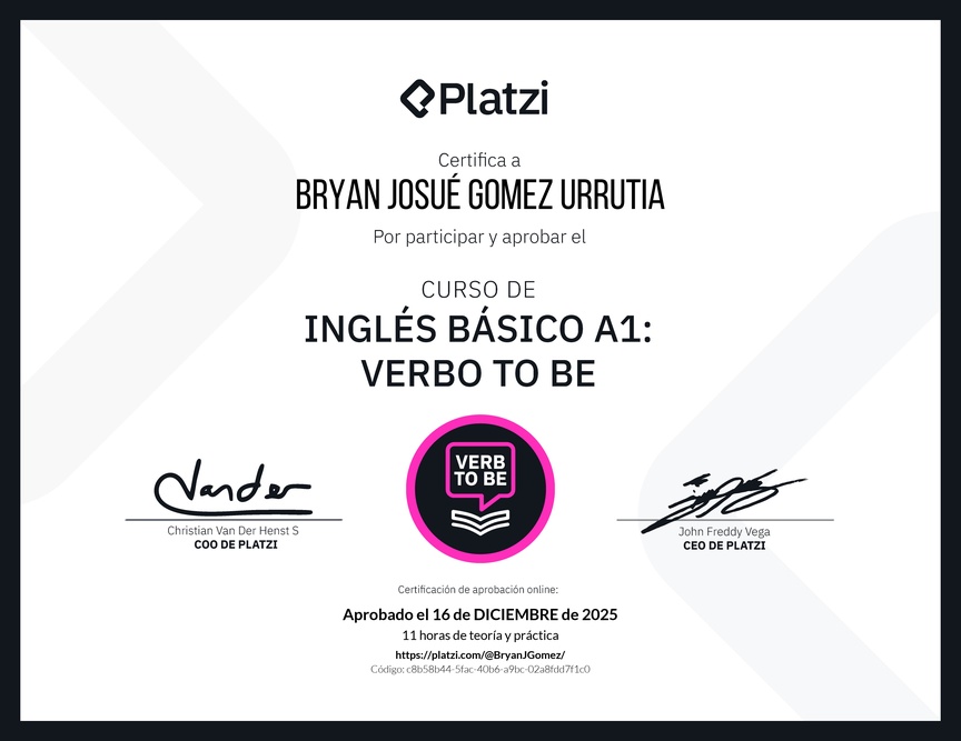 Diploma del Curso de Inglés Básico A1: Verbo To Be