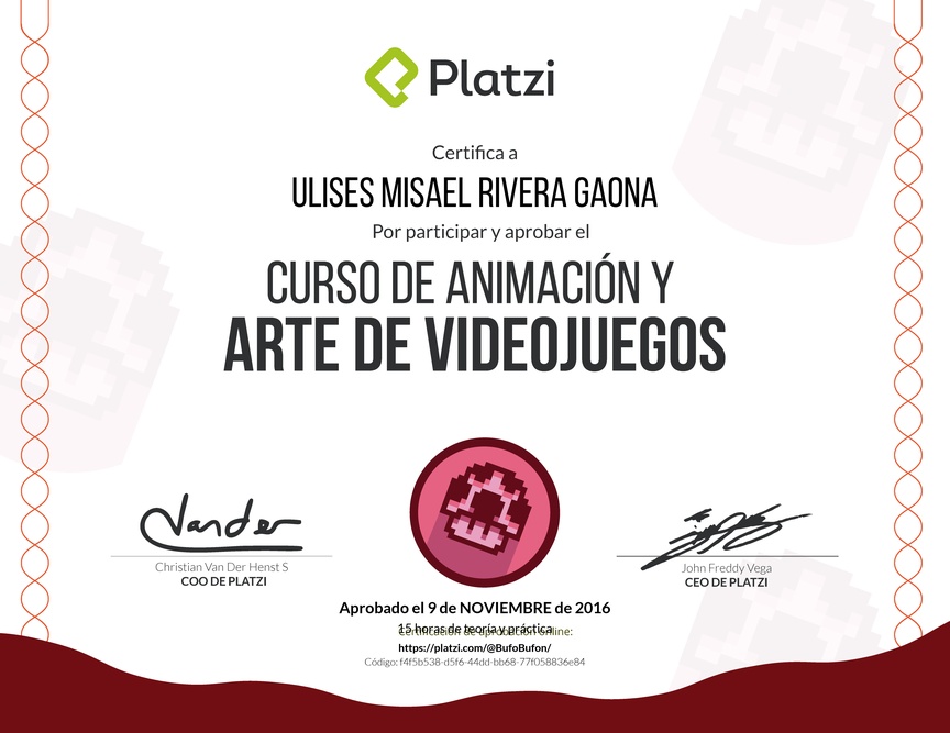 Diploma del Curso de animación y arte de videojuegos 2016
