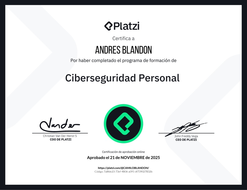 Diploma de la Ruta de Aprendizaje de Ciberseguridad Personal