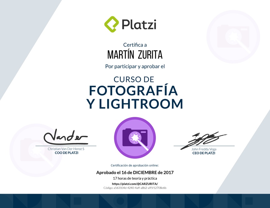 Diploma del Curso de Fotografía y Lightroom 2017