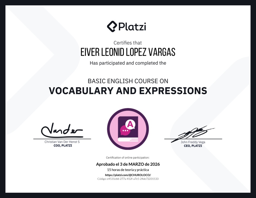 Diploma del Curso Básico de Vocabulario y Expresiones en Inglés