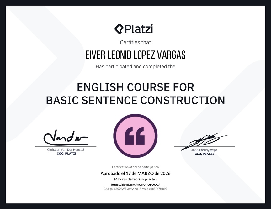Diploma del Curso de Construcción de Oraciones en Inglés