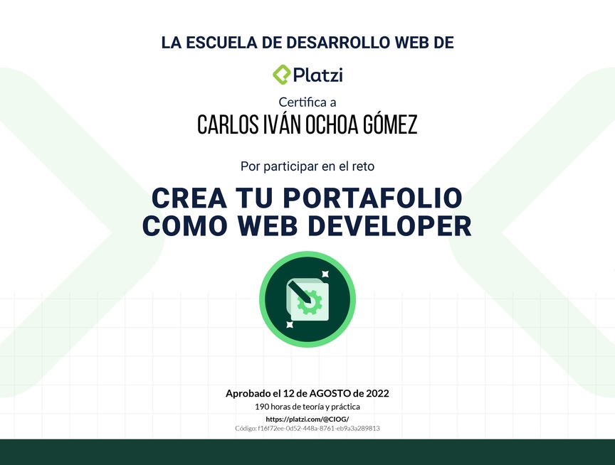 Diploma de Diploma del #PlatziChallenge: Crea tu Portafolio como Web Developer Profesional