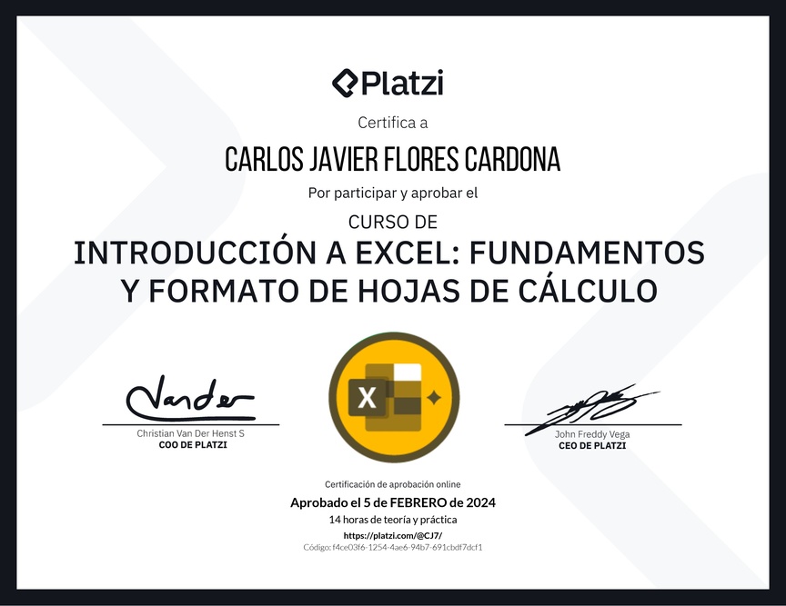 Diploma del Curso de Introducción a Excel para Principiantes: Fundamentos y Formato de Hojas de Cálculo