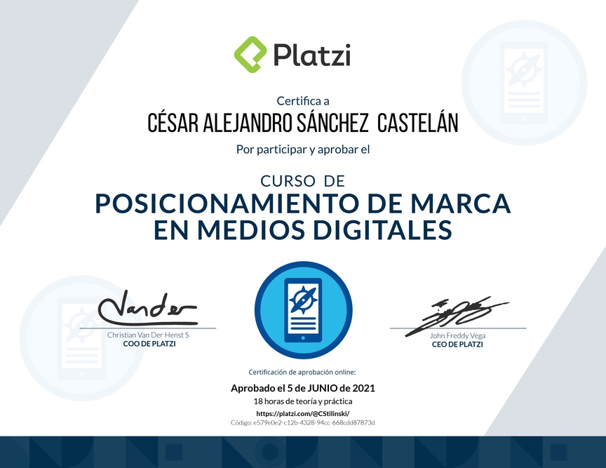 Diploma del Curso de Posicionamiento de Marca en Medios Digitales