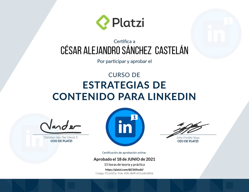 Diploma del Curso de Estrategias de Contenido para LinkedIn