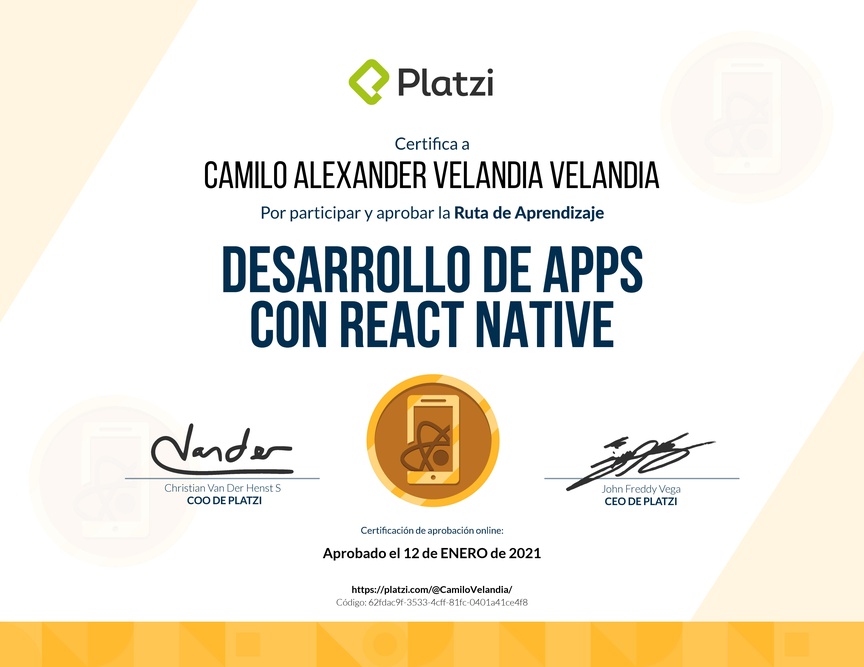 Diploma de la Ruta de Aprendizaje de Desarrollo de Apps con React Native