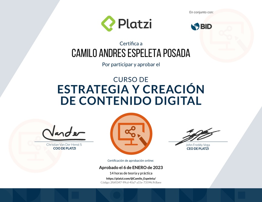 Diploma del Curso de Estrategia y Creación de Contenido Digital