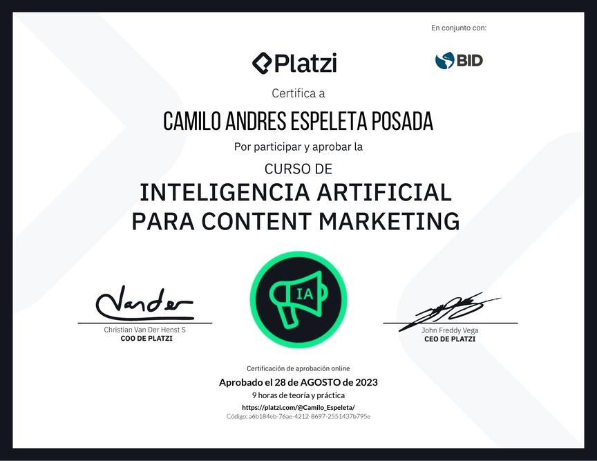 Diploma del Curso de Inteligencia Artificial para Content Marketing