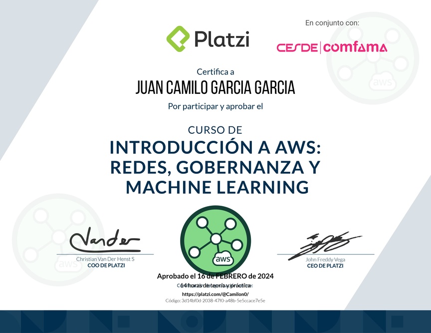 Diploma del Curso de Introducción a AWS: Redes, Gobernanza y Machine Learning