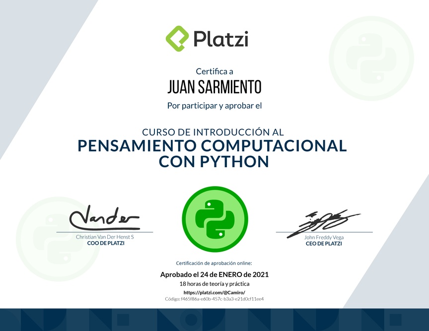 Diploma del Curso de Introducción al Pensamiento Computacional con Python
