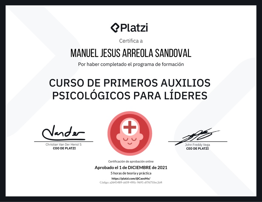 Diploma del Curso de Primeros Auxilios Psicológicos para Líderes