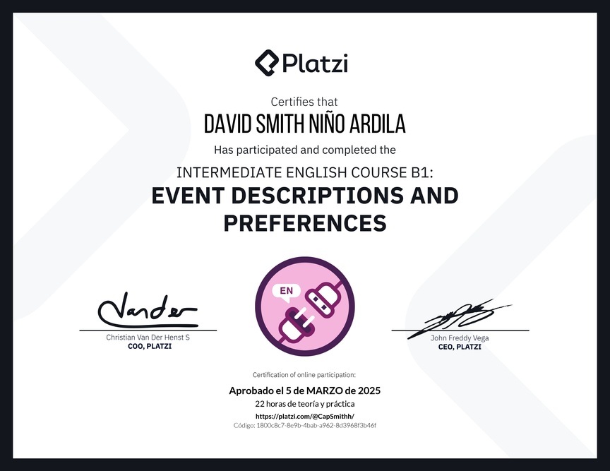 Diploma del Curso de Inglés Intermedio B1: Descripción de Eventos y Preferencias