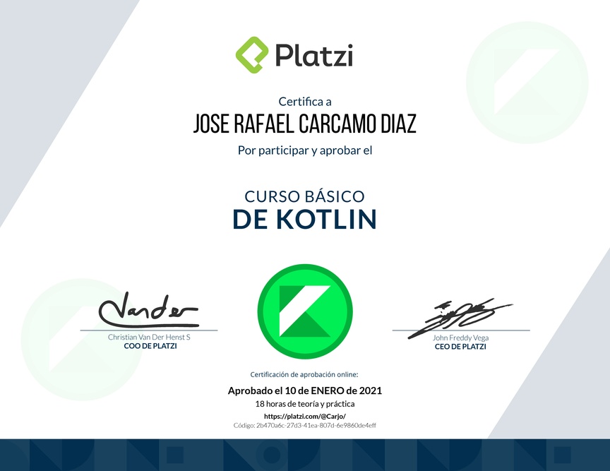 Diploma del Curso Básico de Kotlin 2019