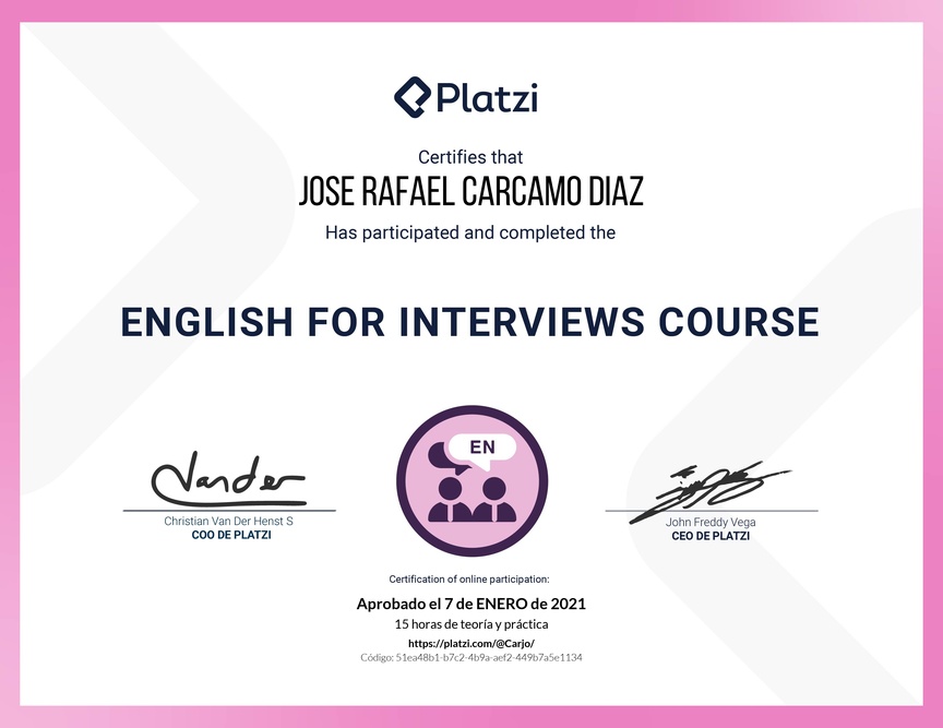Diploma del Curso para Entrevistas de Trabajo en Inglés (2020)