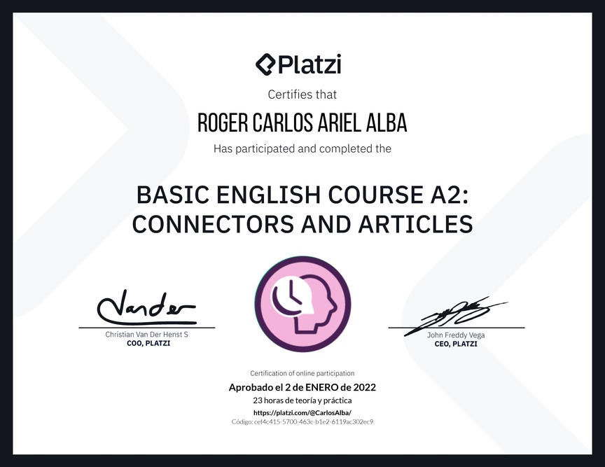 Diploma del Curso de Inglés Básico A2: Conectores y Artículos