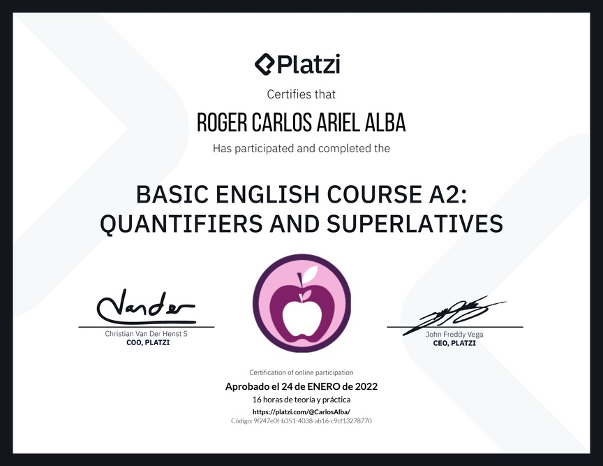 Diploma del Curso de Inglés Básico A2: Cuantificadores y Superlativos