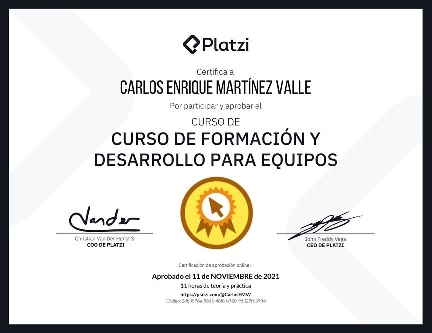 Diploma del Curso de Formación y Desarrollo para Equipos