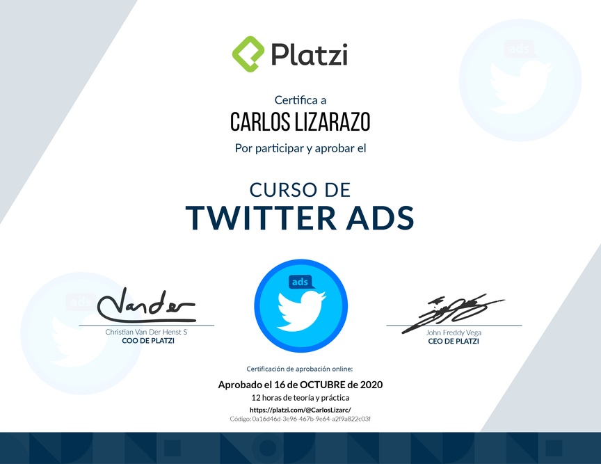 Diploma del Curso de Twitter Ads