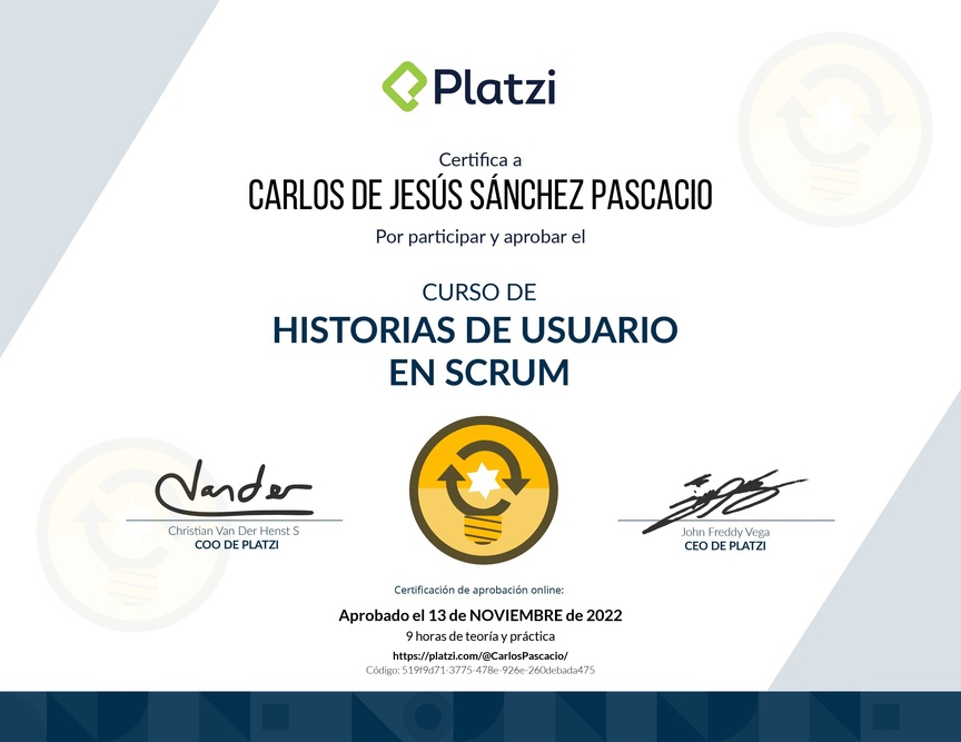 Diploma del Curso de Historias de Usuario en Scrum