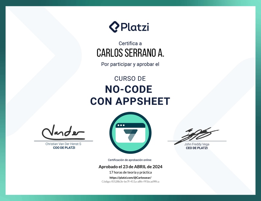 Diploma del Curso de No-Code con Appsheet