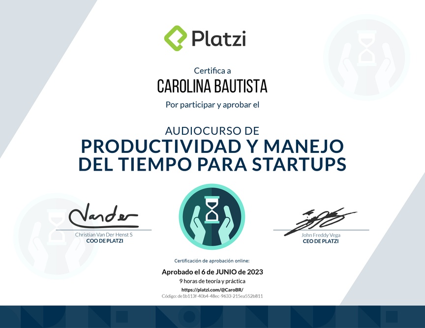 Diploma de Audiocurso de Productividad y Manejo del Tiempo para Startups