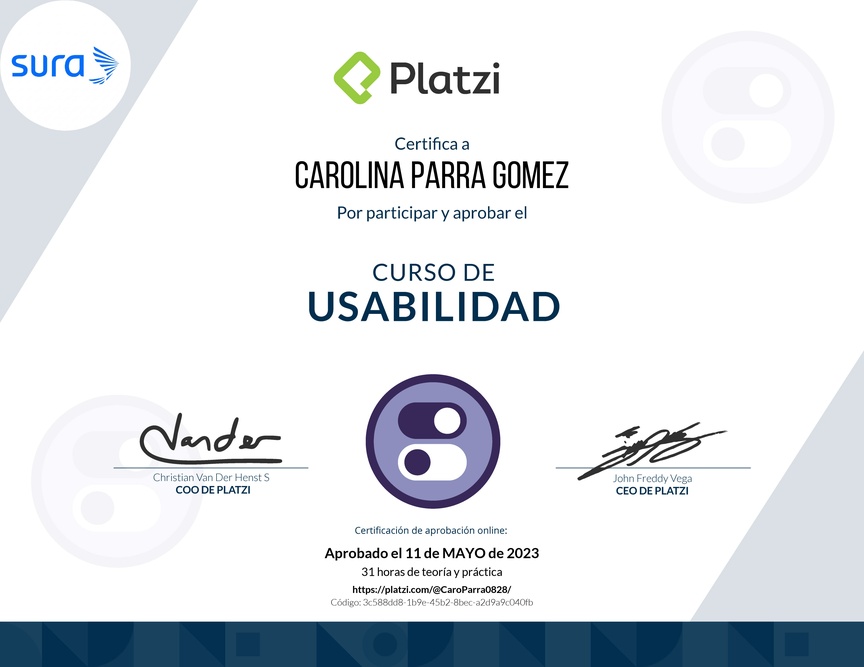 Diploma del Curso de Usabilidad: Principios, Pruebas y Herramientas Avanzadas
