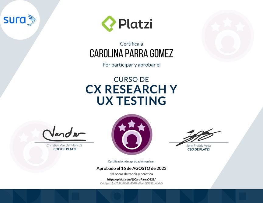 Diploma del Curso de CX Research y UX Testing