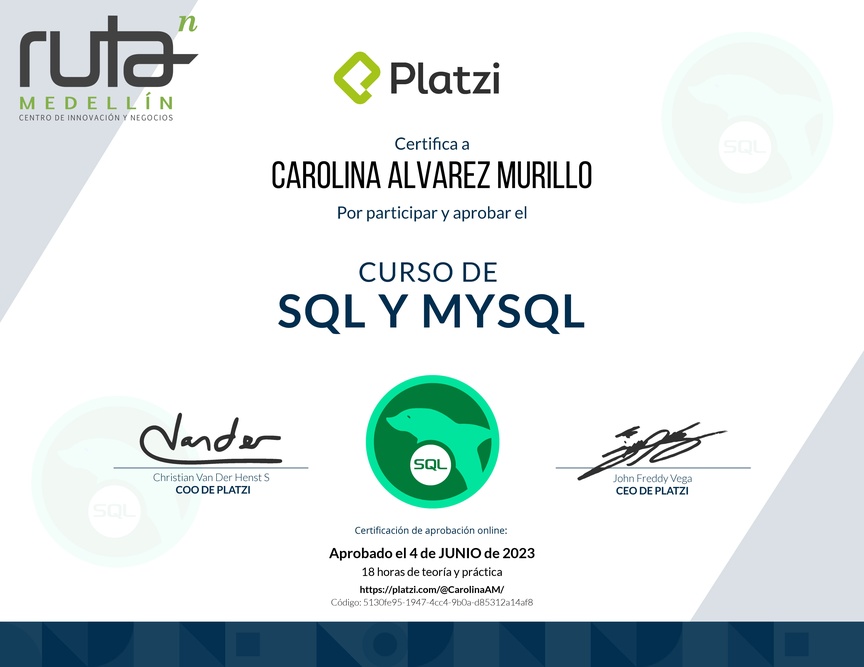 Diploma del Curso de SQL y MySQL 2018