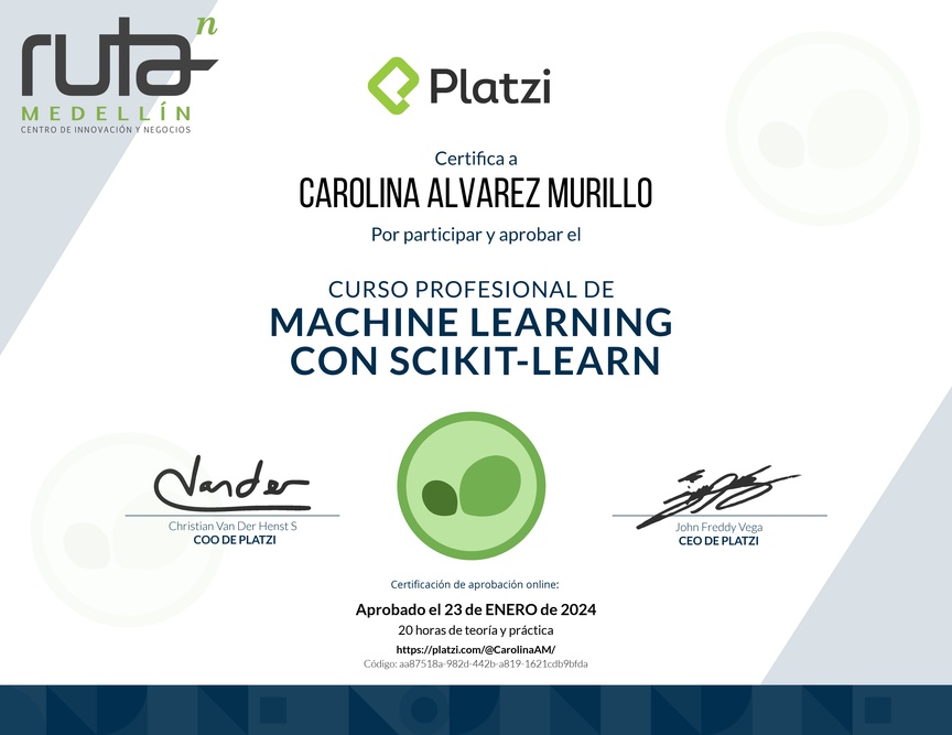 Diploma del Curso Profesional de Machine Learning con scikit-learn