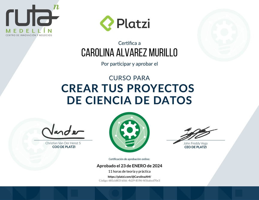 Diploma del Curso para Crear tus Proyectos de Ciencia de Datos
