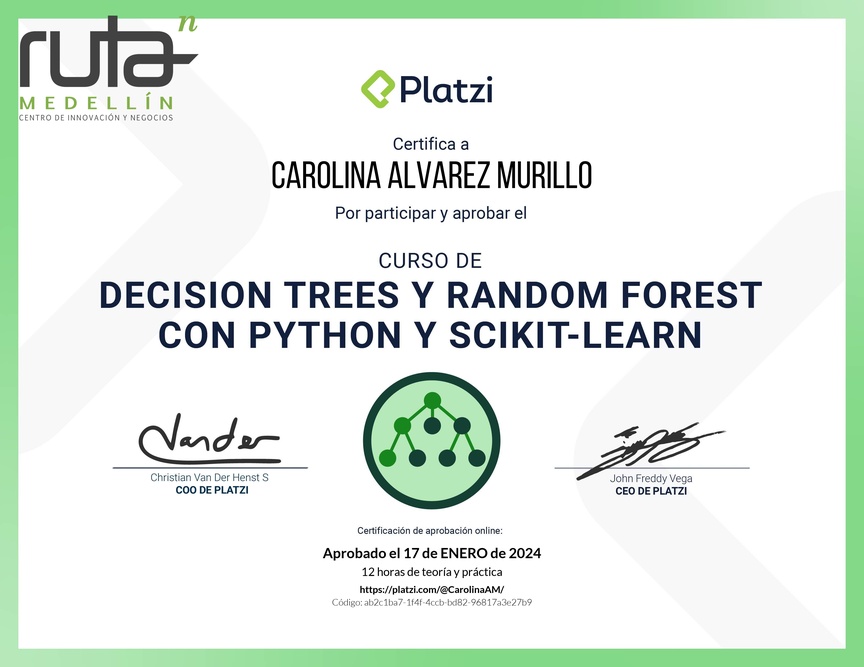 Diploma del Curso de Decision Trees y Random Forest con Python y scikit-learn