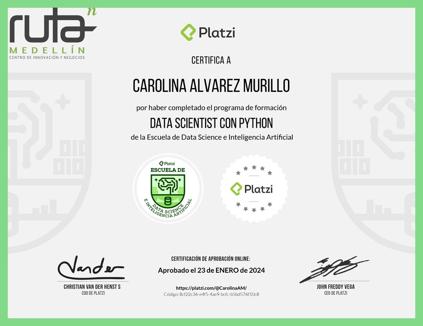 Diploma de la Ruta de Aprendizaje de Data Scientist con Python