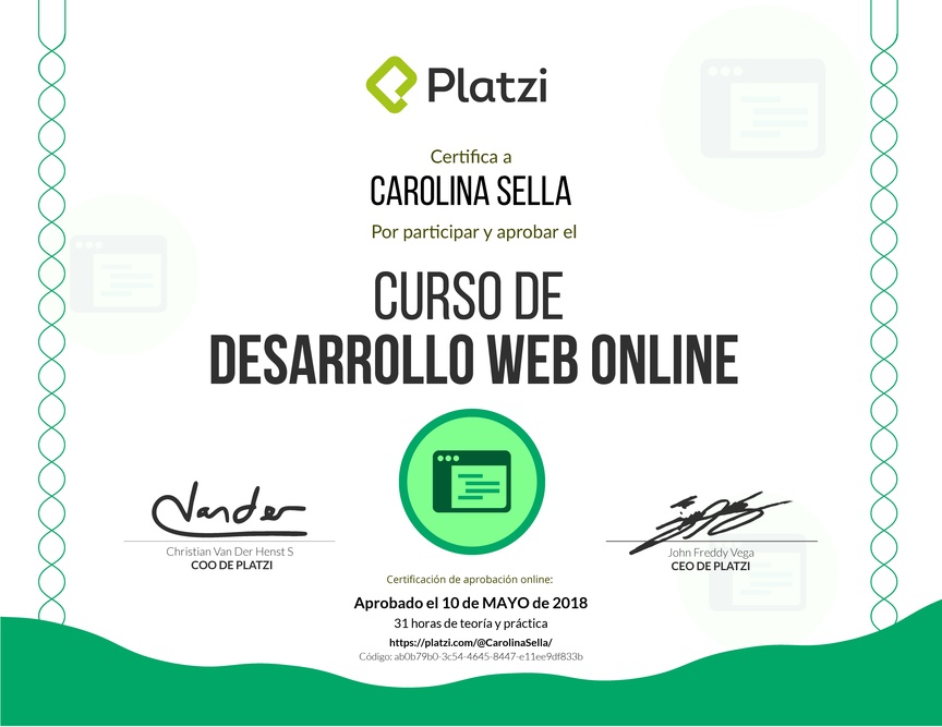 Diploma del Curso de Desarrollo Web Online 2016