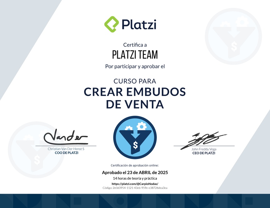 Diploma del Curso de Creación y Optimización de Embudos de Venta (2022)