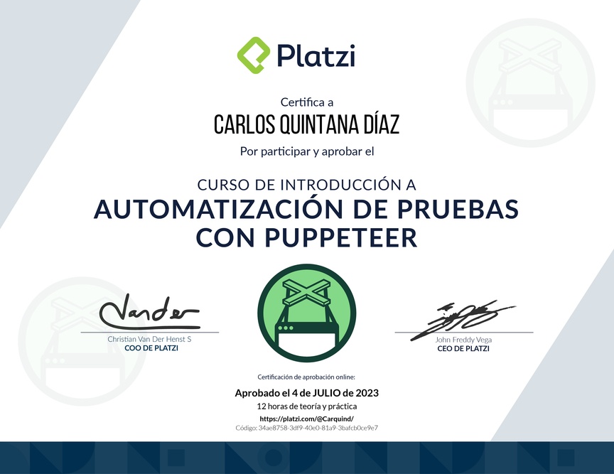 Diploma del Curso de Automatización de Pruebas con Puppeteer