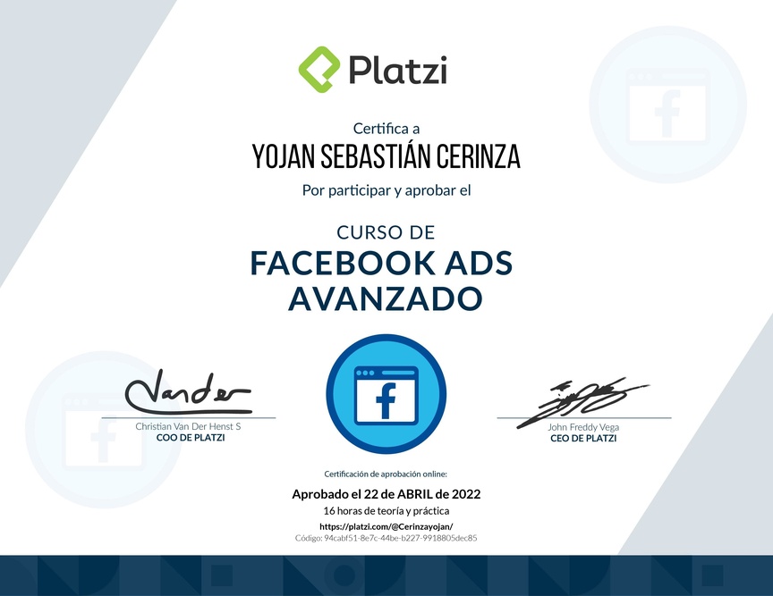 Diploma del Curso de Facebook Ads Avanzado