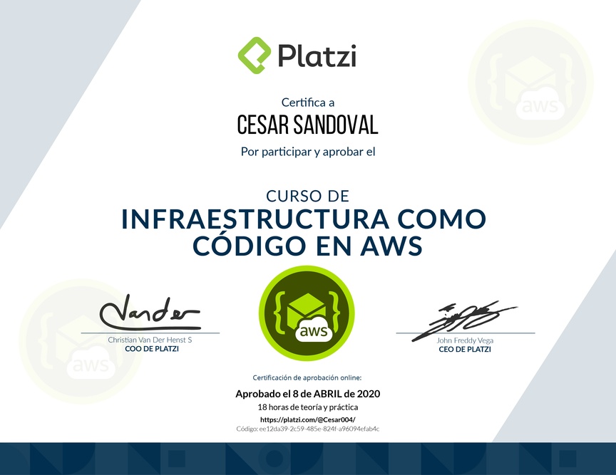 Diploma del Curso de Infraestructura Como Código en AWS