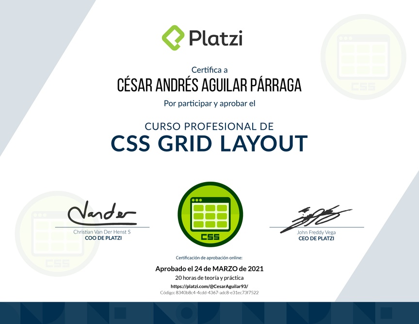 Diploma del Curso Profesional de CSS Grid Layout