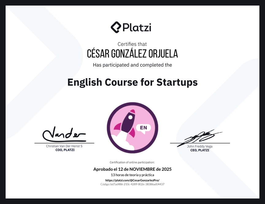 Diploma del Curso para Startups en Inglés (2021)