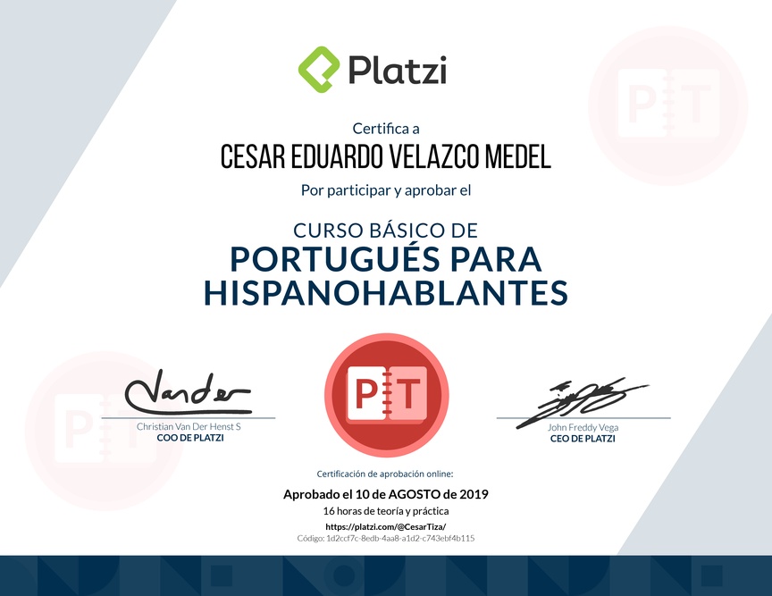 Diploma del Curso de Portugués para Hispanohablantes