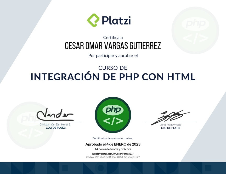 Diploma del Curso de PHP: Integración con HTML