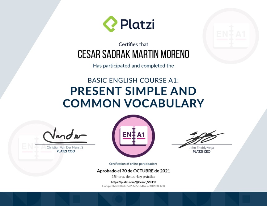 Diploma del Curso de Inglés Básico A1: Presente Simple y Vocabulario Común (2021)