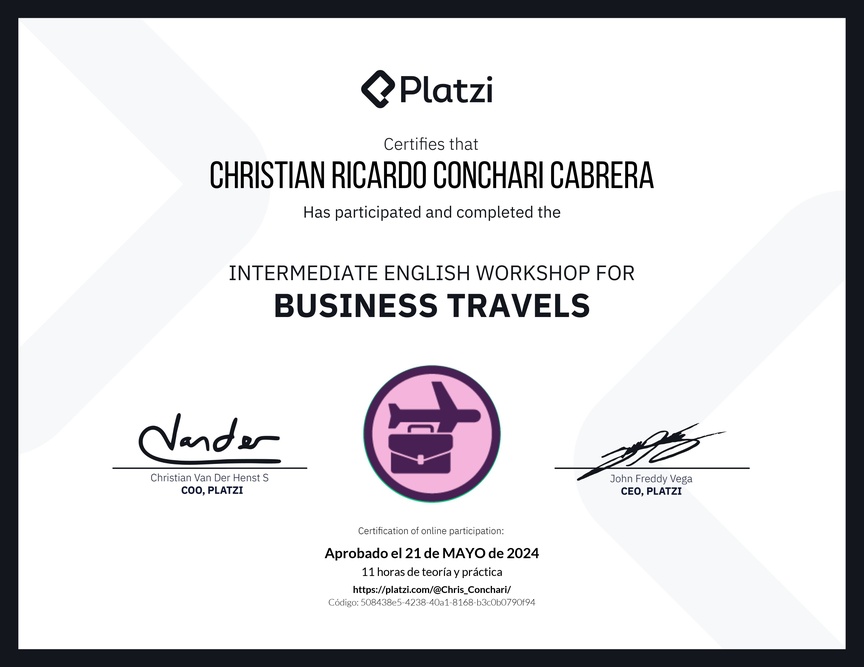 Diploma del Curso de Inglés Práctico para Viajes de Negocios